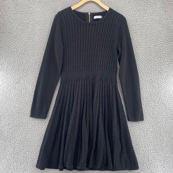 Calvin Klein Dresses & Skirts - Calvin Klein Dress Womens Large Black Sweater Cable Knit Fit & Flare Long Sleeve